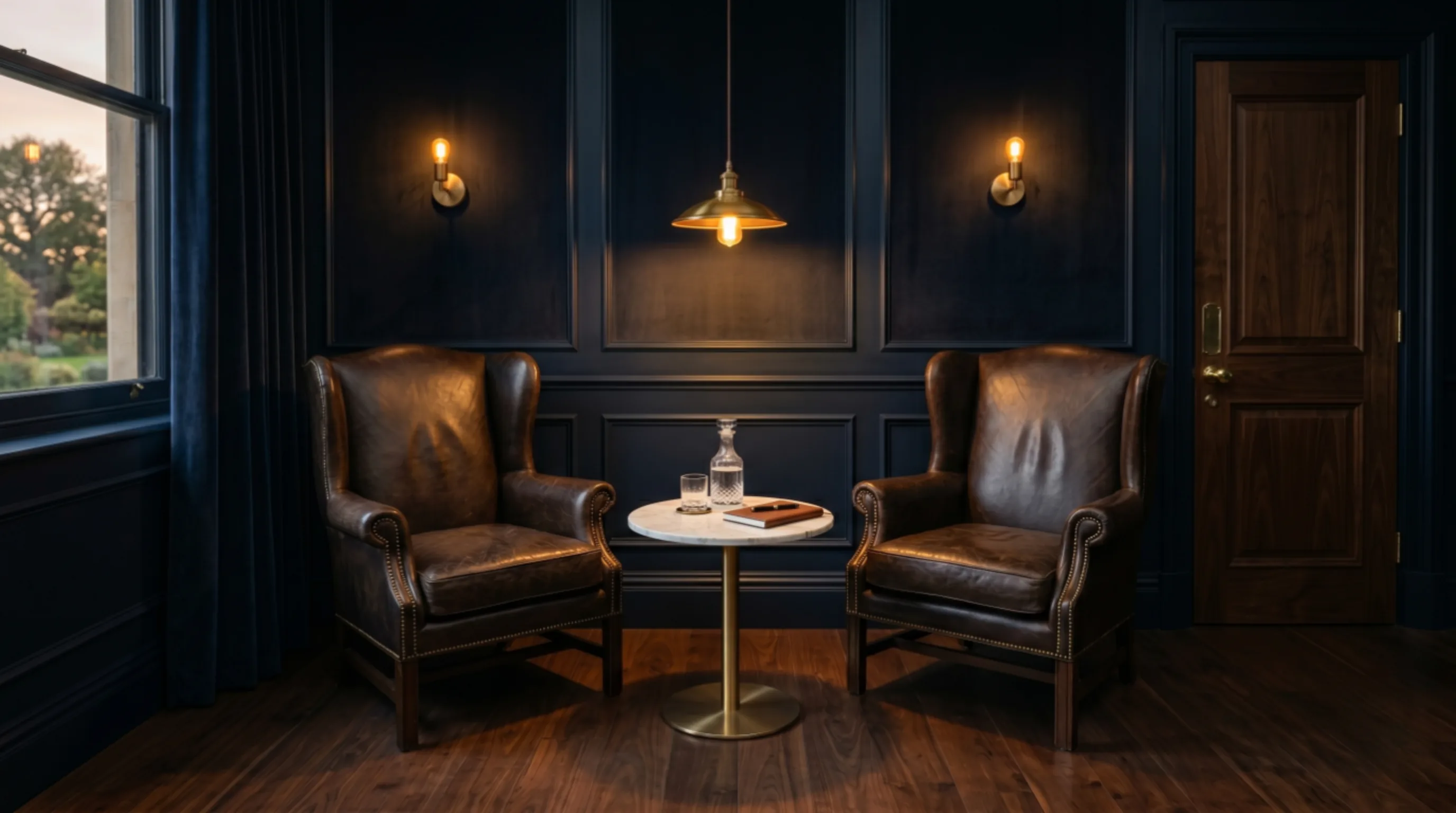 Two leather armchairs facing each other in a quiet, lamp-lit private interview room