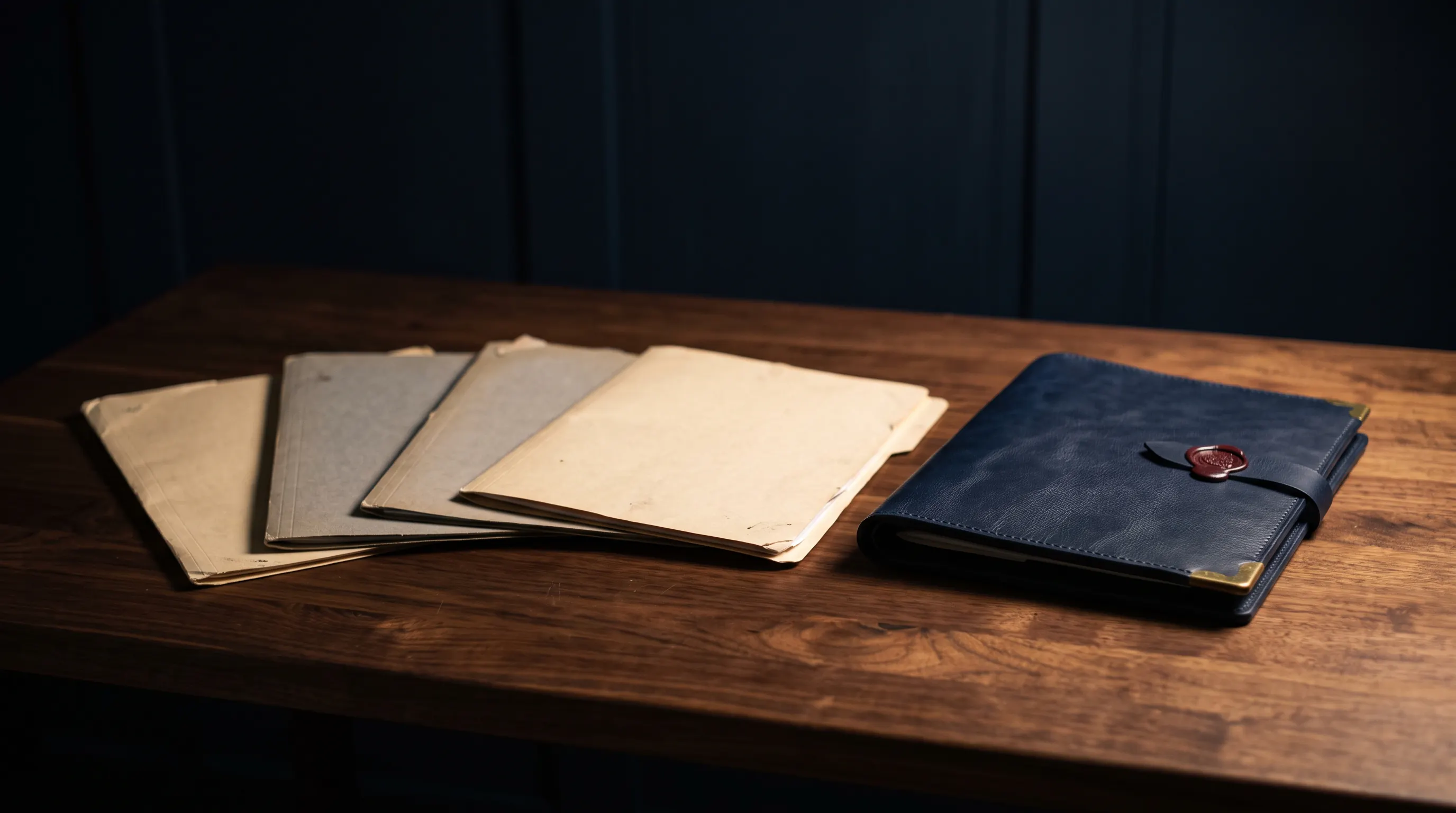 Four plain, worn paper folders fanned across a dark walnut table beside a navy leather portfolio closed with a red wax seal